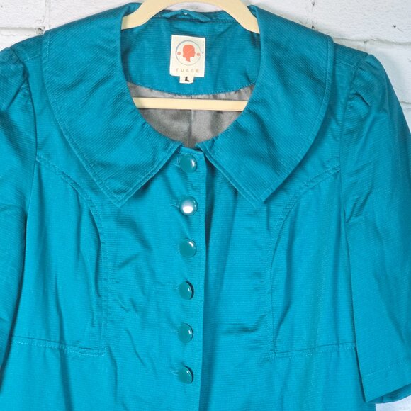 TULLE ANTHROPOLOGIE JACKET TEAL BLUE LINED SHORT SLEEVE WOMENS LARGE - Picture 3 of 9